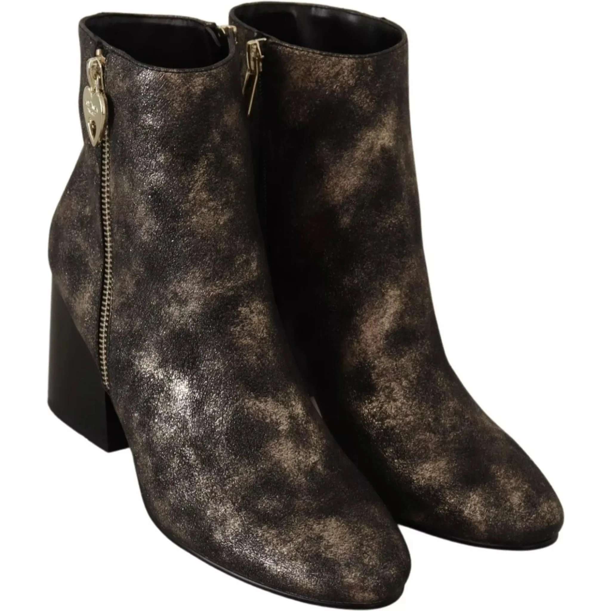 Black Leather Block Heels Ankle Boots Zipper Shoes