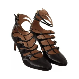 Black Multi Strap Leather Mid Heels Pumps Shoes