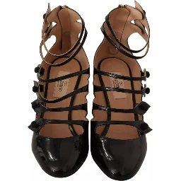 Black Multi Strap Leather Mid Heels Pumps Shoes