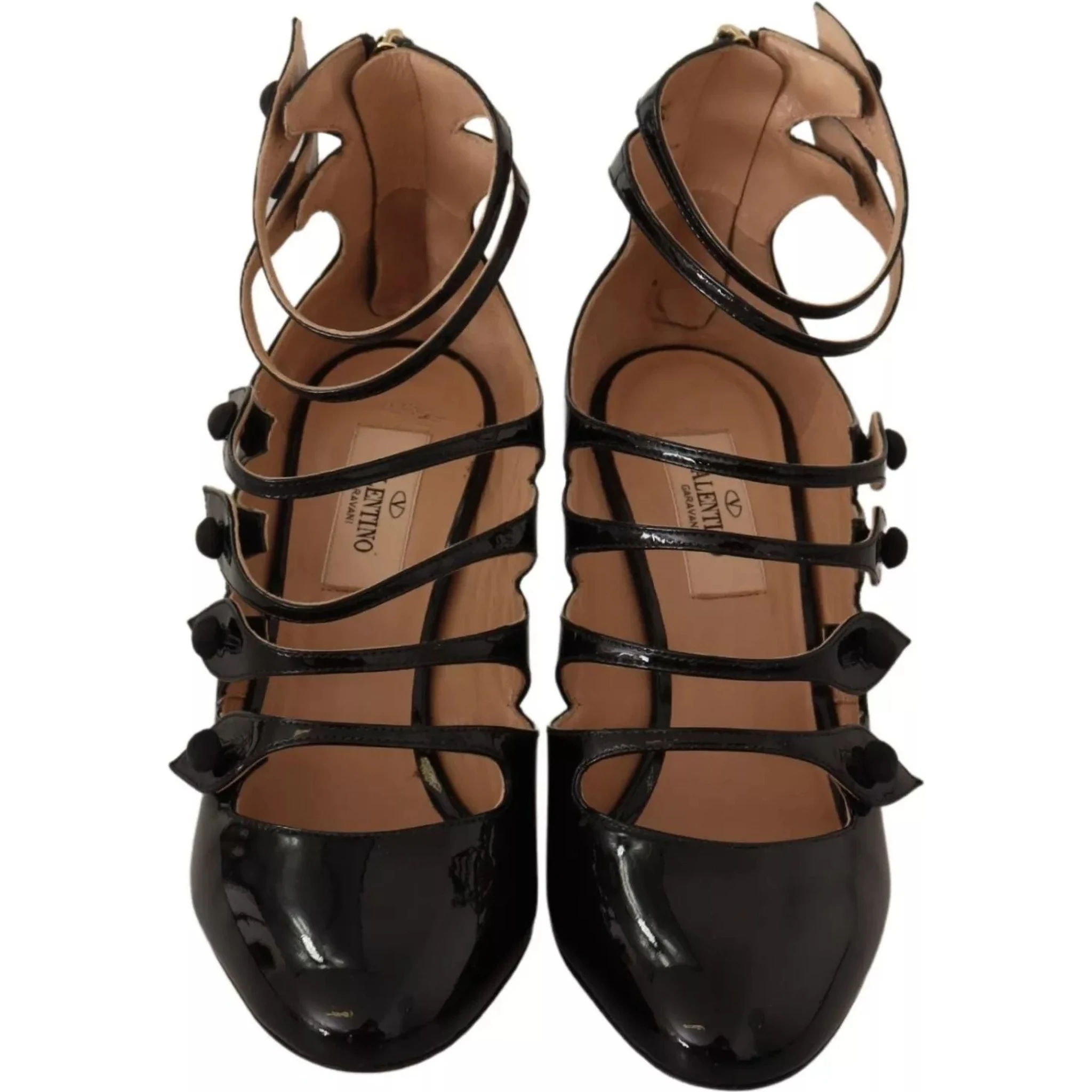 Black Multi Strap Leather Mid Heels Pumps Shoes