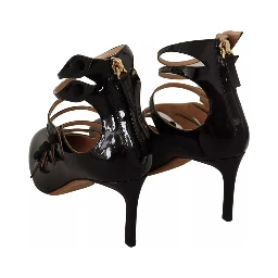 Black Multi Strap Leather Mid Heels Pumps Shoes