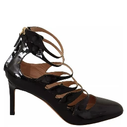 Black Multi Strap Leather Mid Heels Pumps Shoes
