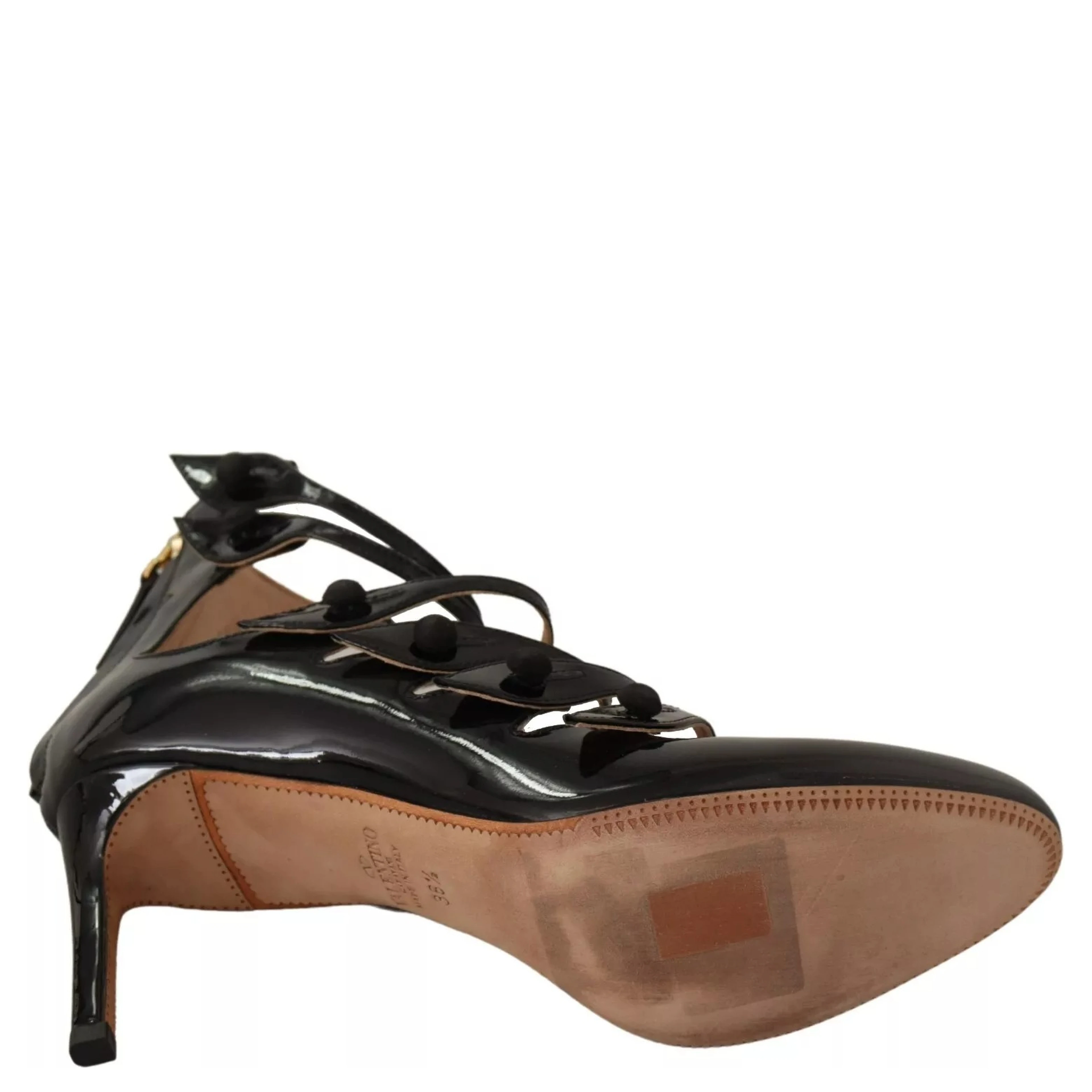 Black Multi Strap Leather Mid Heels Pumps Shoes