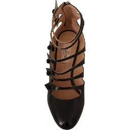 Black Multi Strap Leather Mid Heels Pumps Shoes