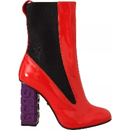 Red Leather Black Fabric Logo Heel Ankle Boots Shoes