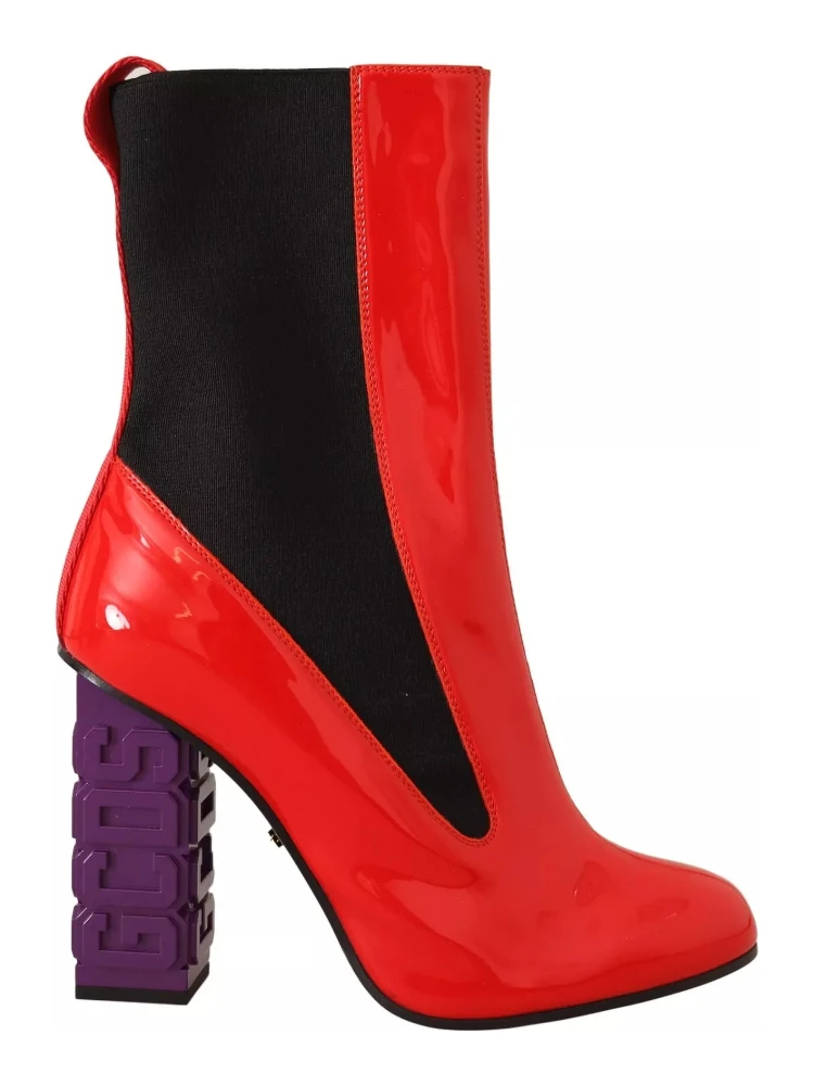 Red Leather Black Fabric Logo Heel Ankle Boots Shoes
