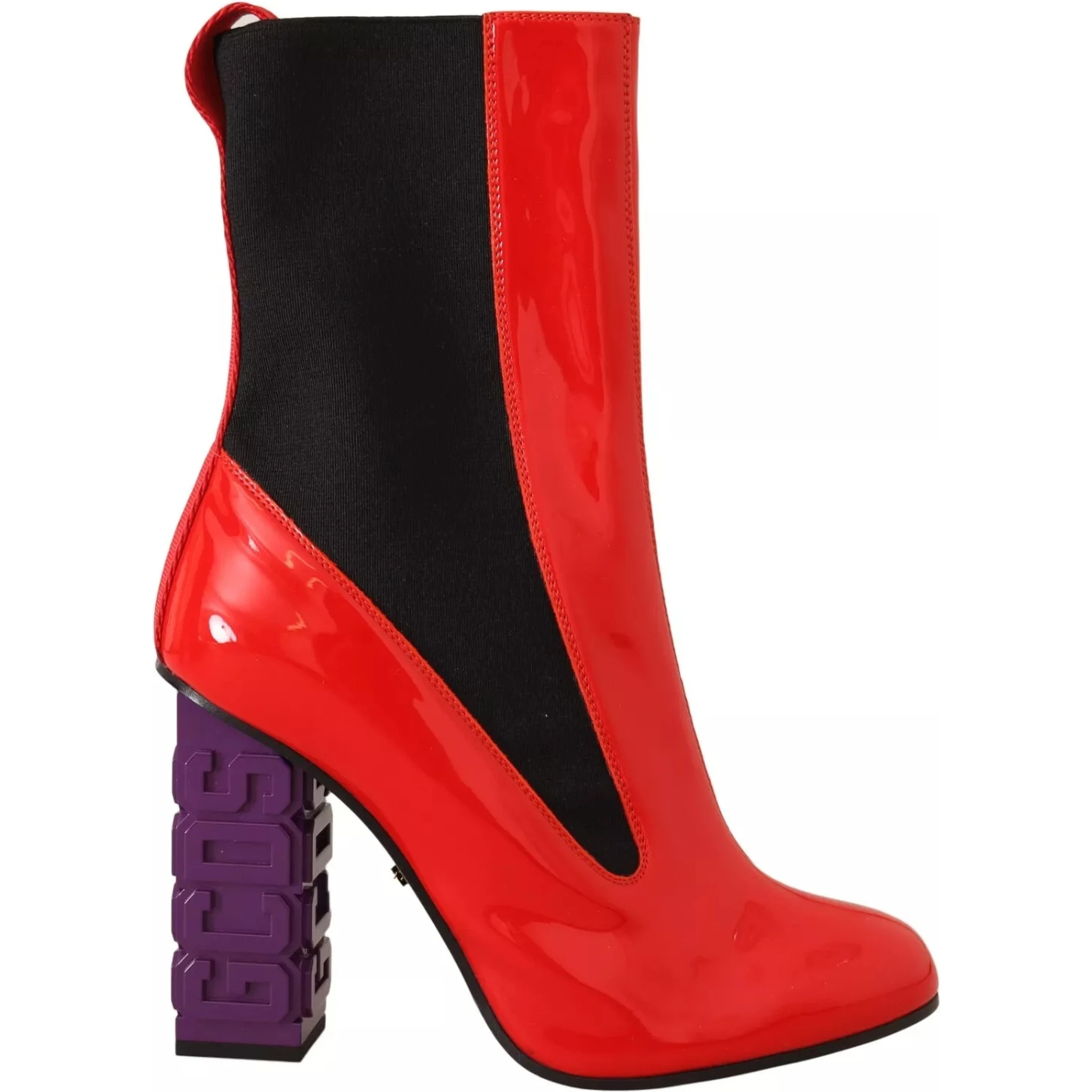 Red Leather Black Fabric Logo Heel Ankle Boots Shoes