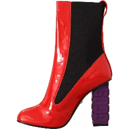 Red Leather Black Fabric Logo Heel Ankle Boots Shoes