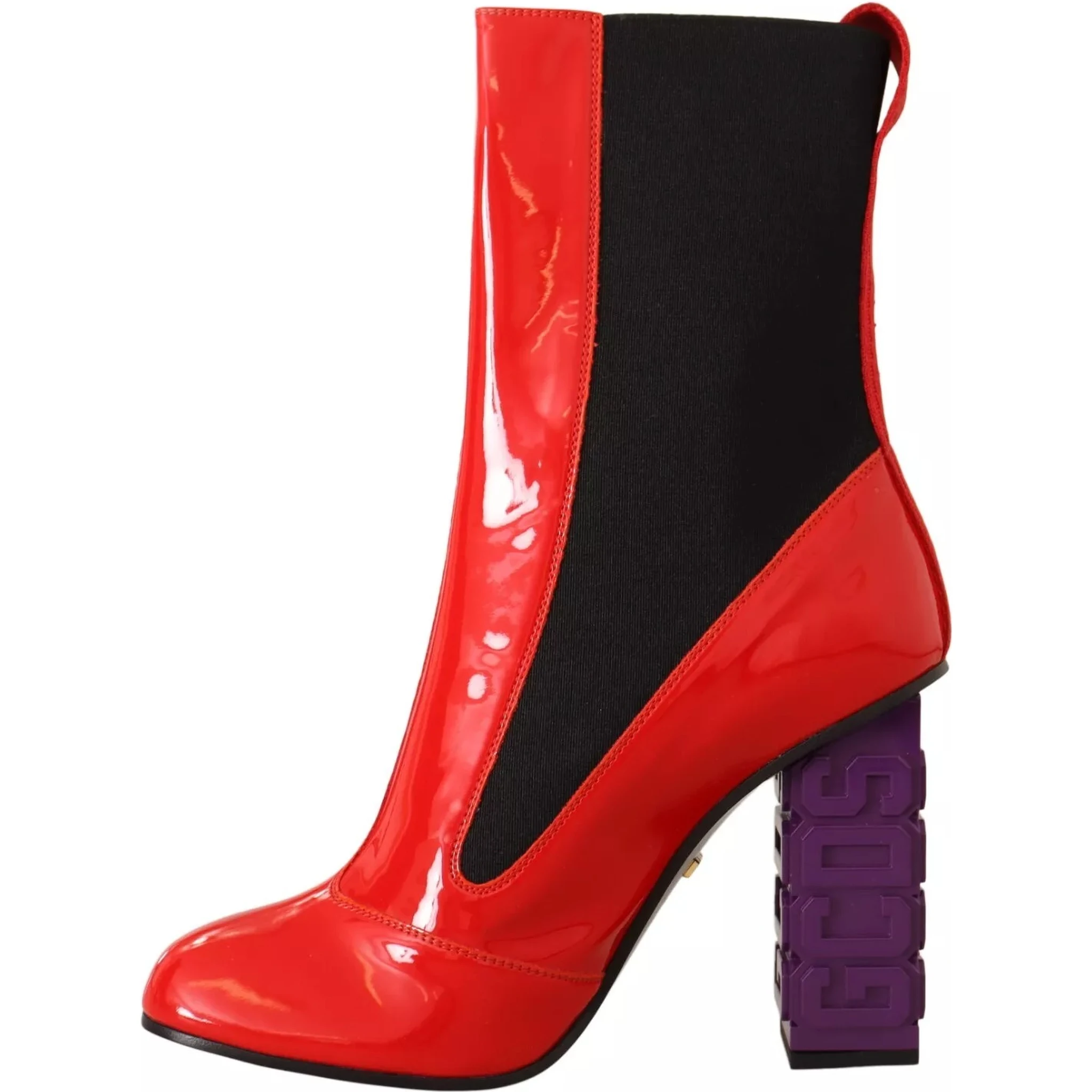 Red Leather Black Fabric Logo Heel Ankle Boots Shoes