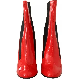 Red Leather Black Fabric Logo Heel Ankle Boots Shoes