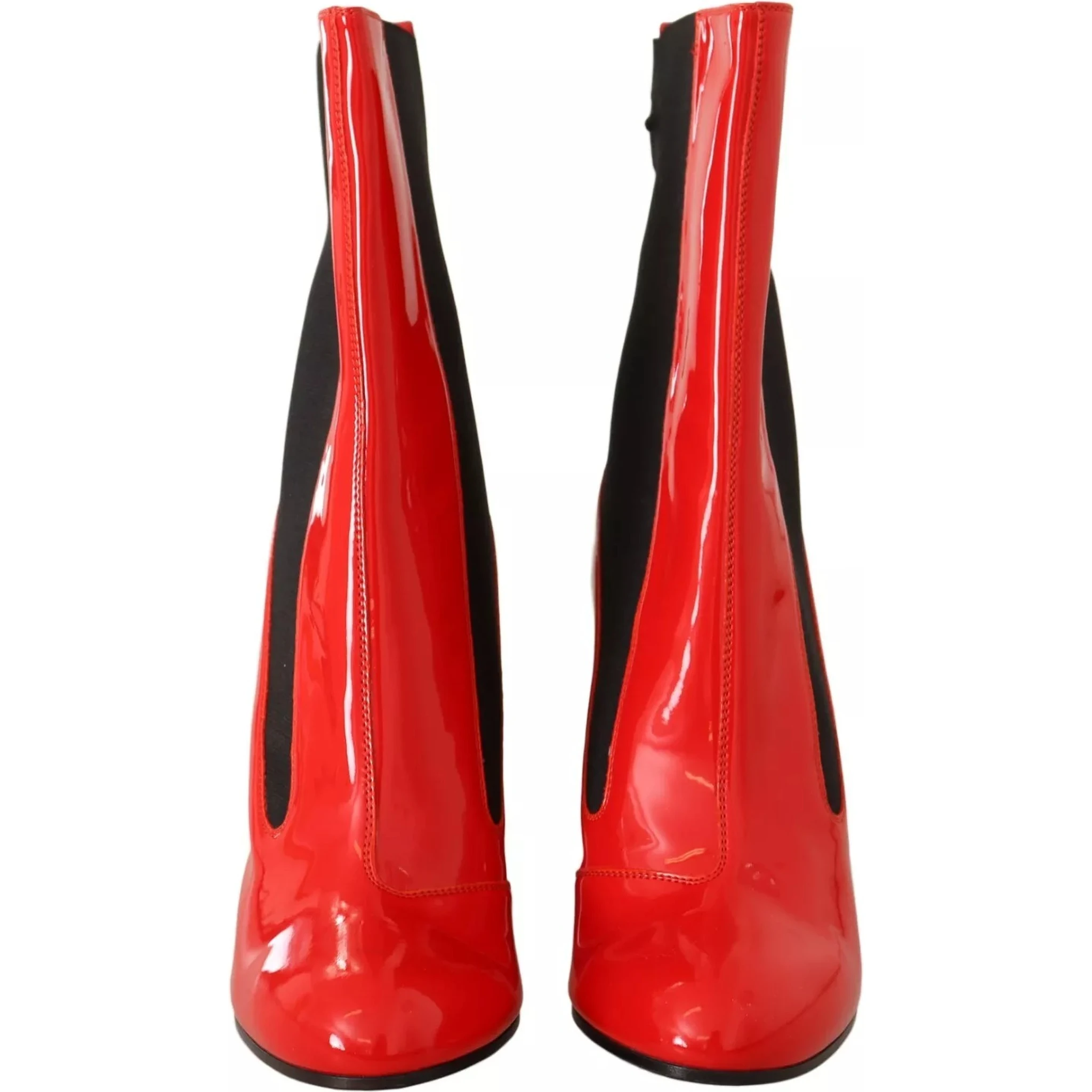 Red Leather Black Fabric Logo Heel Ankle Boots Shoes