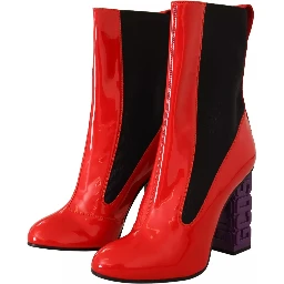 Red Leather Black Fabric Logo Heel Ankle Boots Shoes