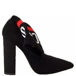 Black Suede Logo Socks Block Heel Ankle Boots Shoes