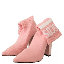 Pink Suede Logo Socks Block Heel Ankle Boots Shoes