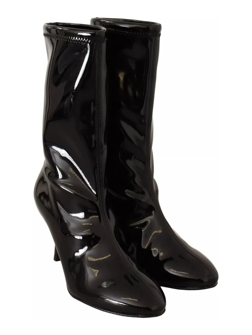 Black Patent Leather High Heels Boots Shoes