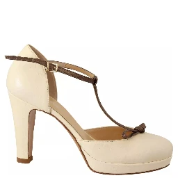 Off White Leather T-Strap Heels Sandals Shoes