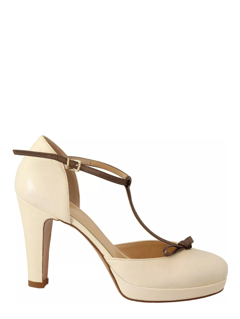 Off White Leather T-Strap Heels Sandals Shoes