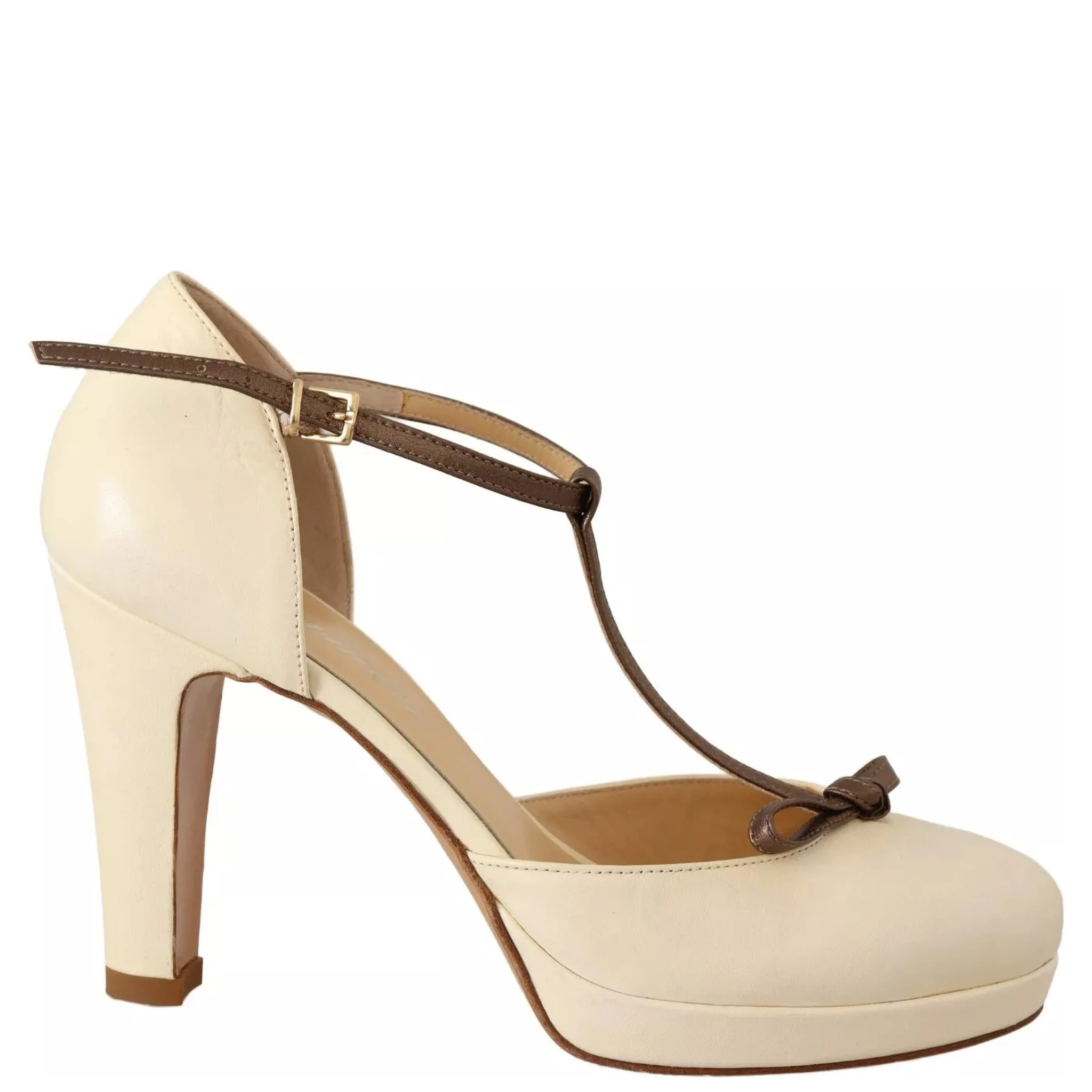 Off White Leather T-Strap Heels Sandals Shoes