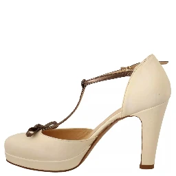 Off White Leather T-Strap Heels Sandals Shoes