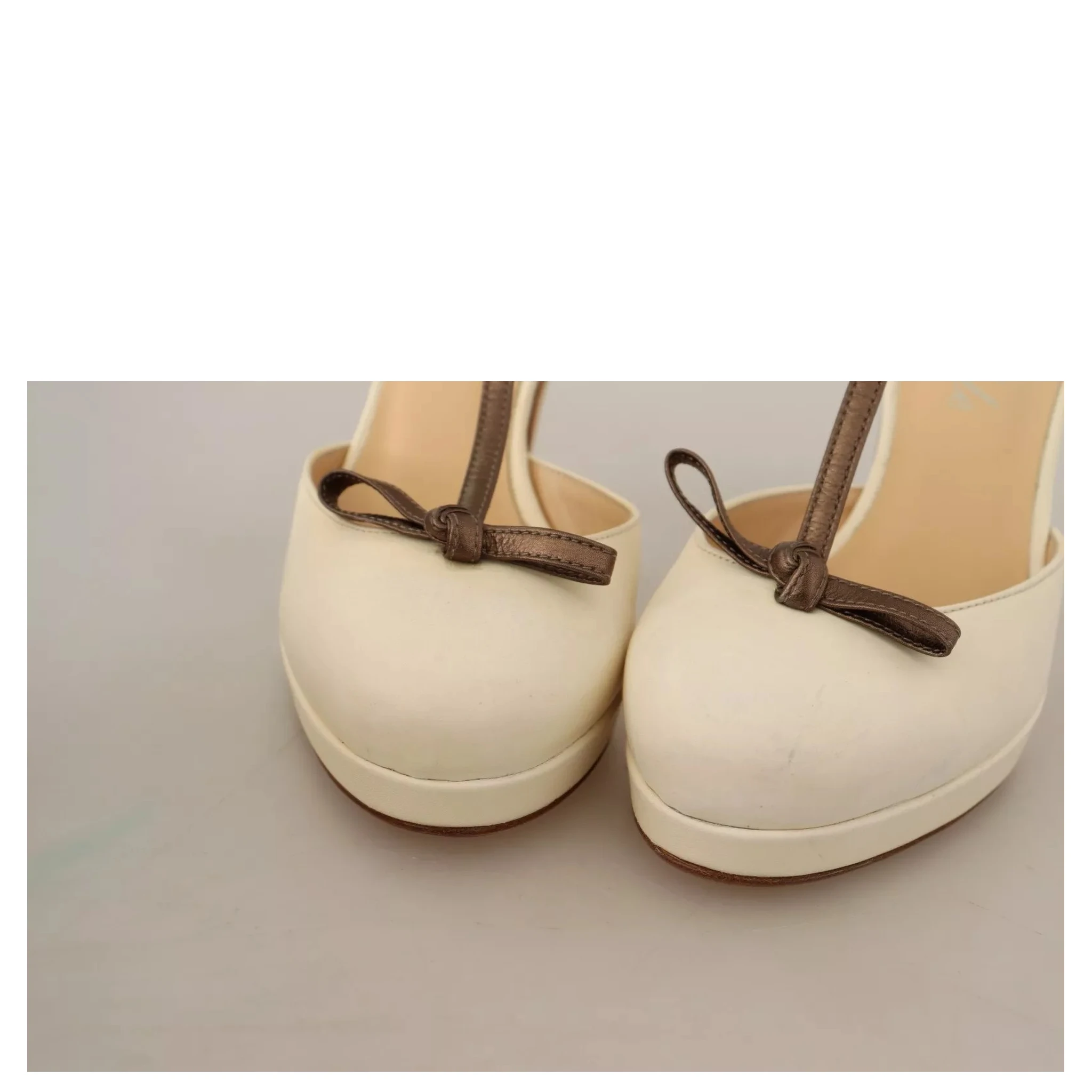 Off White Leather T-Strap Heels Sandals Shoes