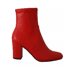 Red Leather Block Heels Ankle Boots Shoes