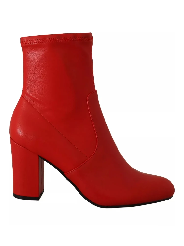 Red Leather Block Heels Ankle Boots Shoes