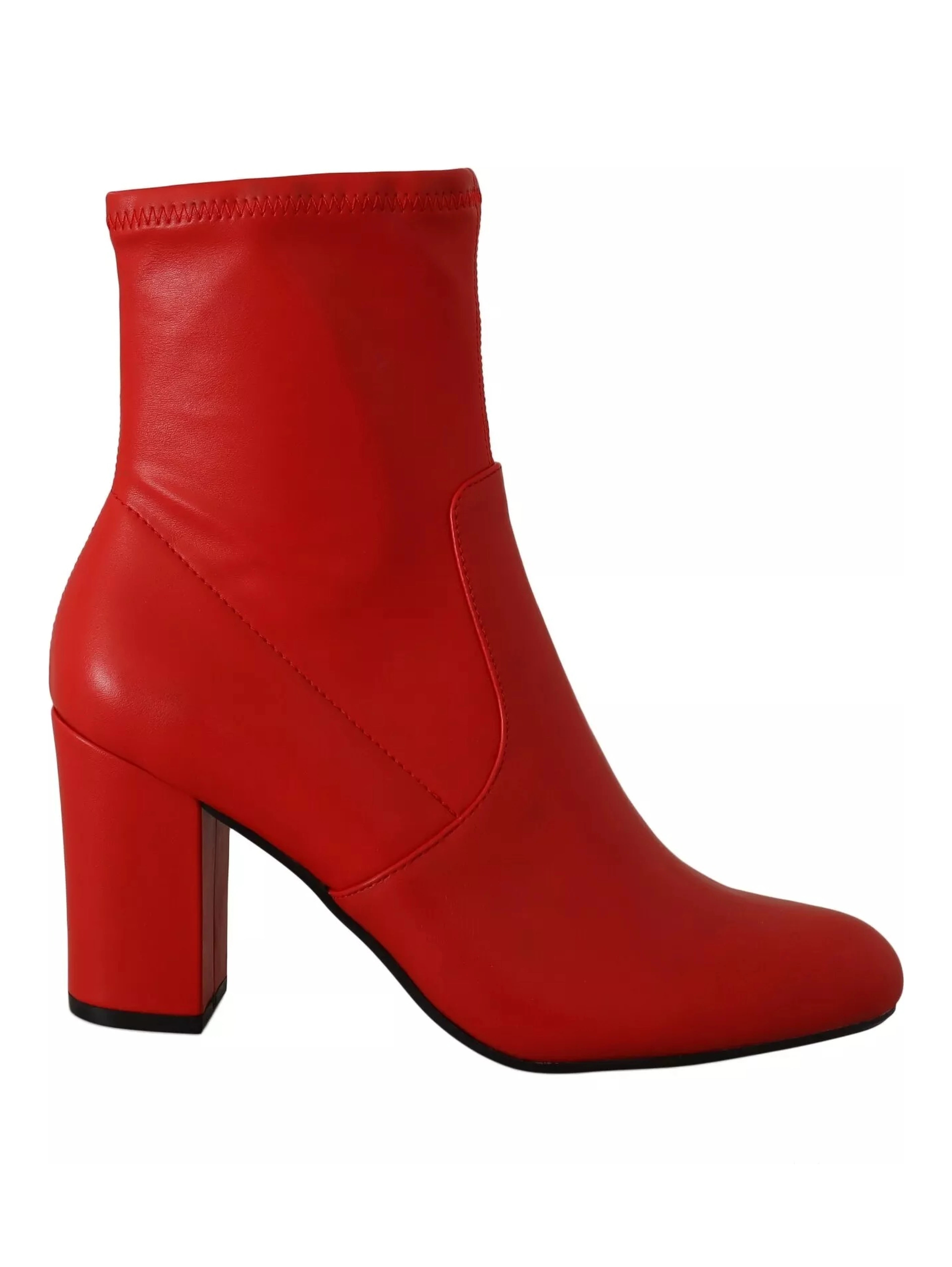 Red Leather Block Heels Ankle Boots Shoes