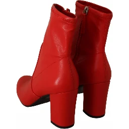 Red Leather Block Heels Ankle Boots Shoes