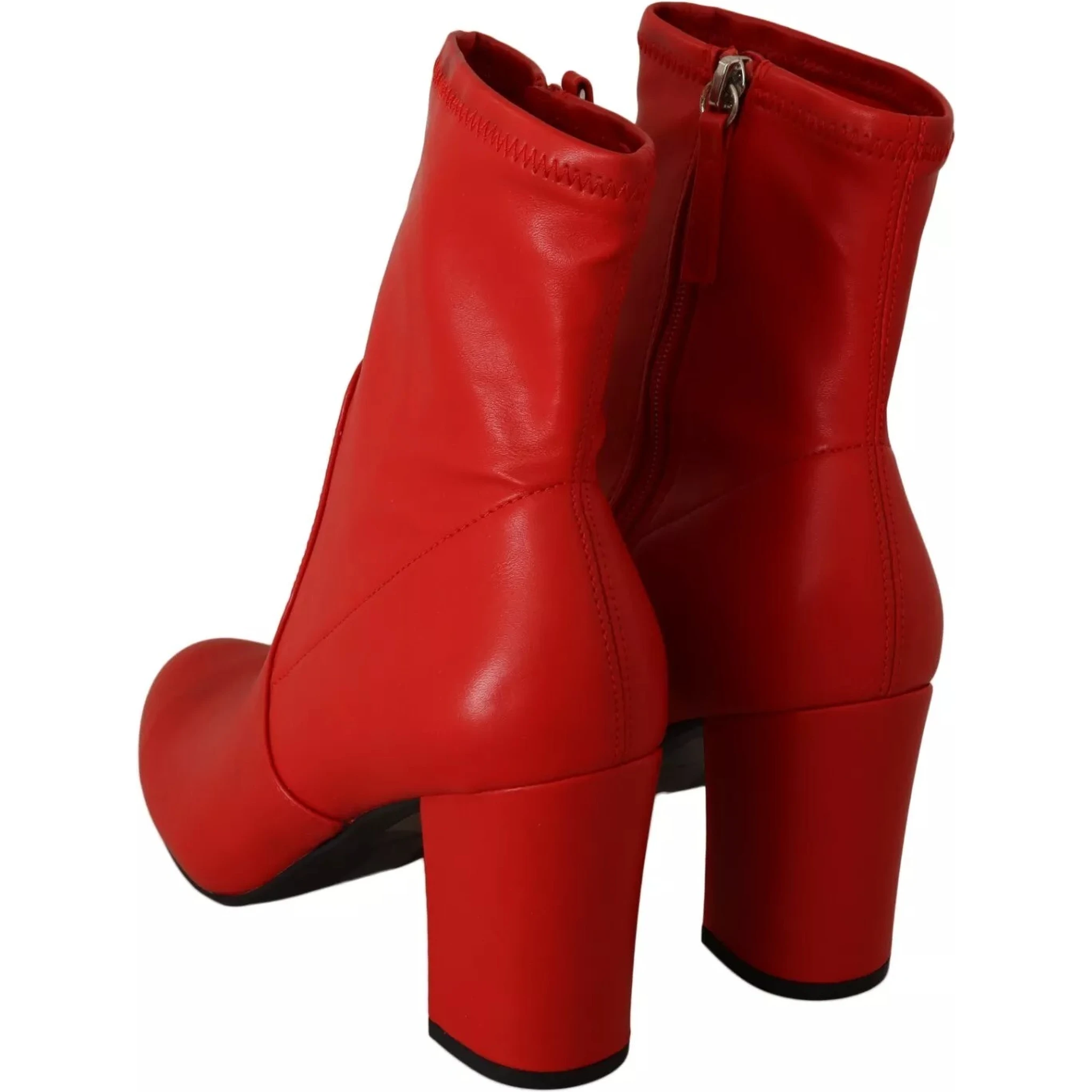 Red Leather Block Heels Ankle Boots Shoes
