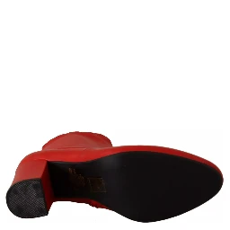 Red Leather Block Heels Ankle Boots Shoes