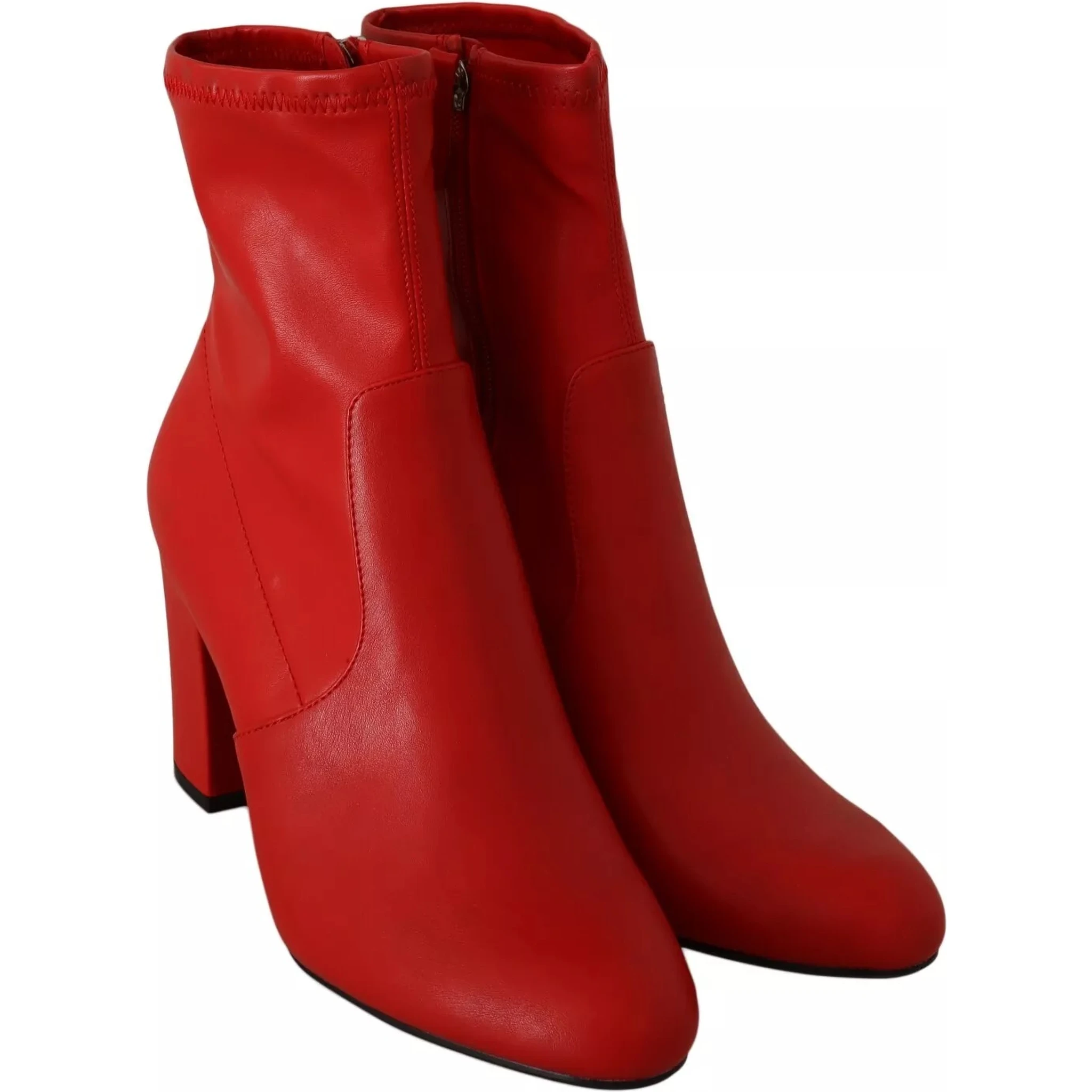 Red Leather Block Heels Ankle Boots Shoes