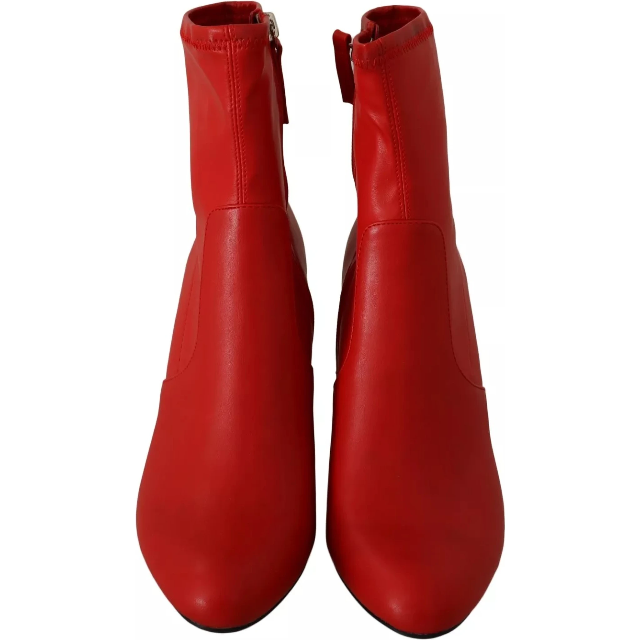 Red Leather Block Heels Ankle Boots Shoes