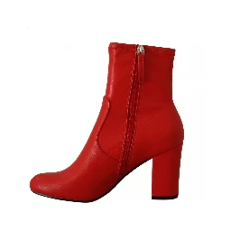 Red Leather Block Heels Ankle Boots Shoes