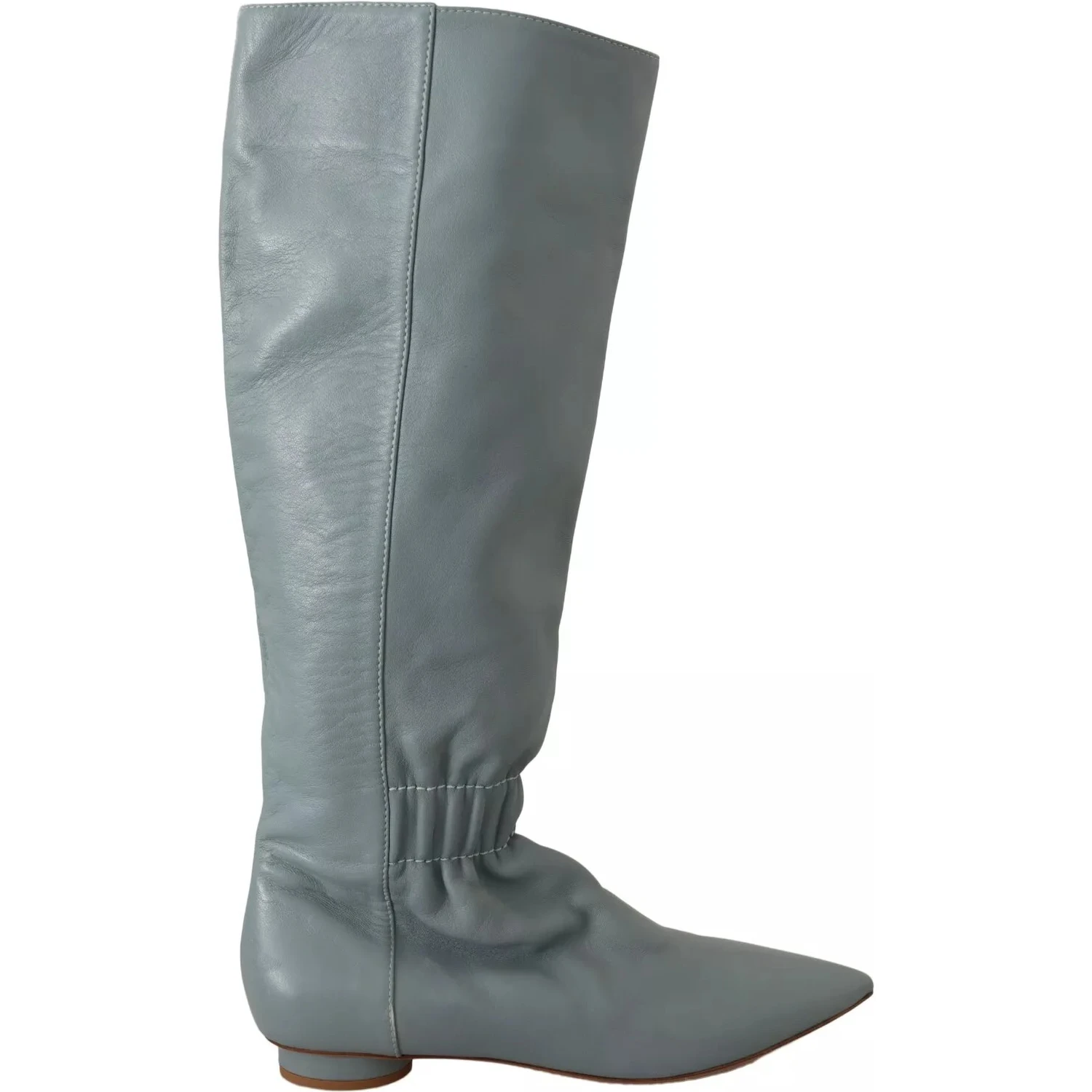 Blue Leather Elastic Flats Pull On Knee High Boots Shoes