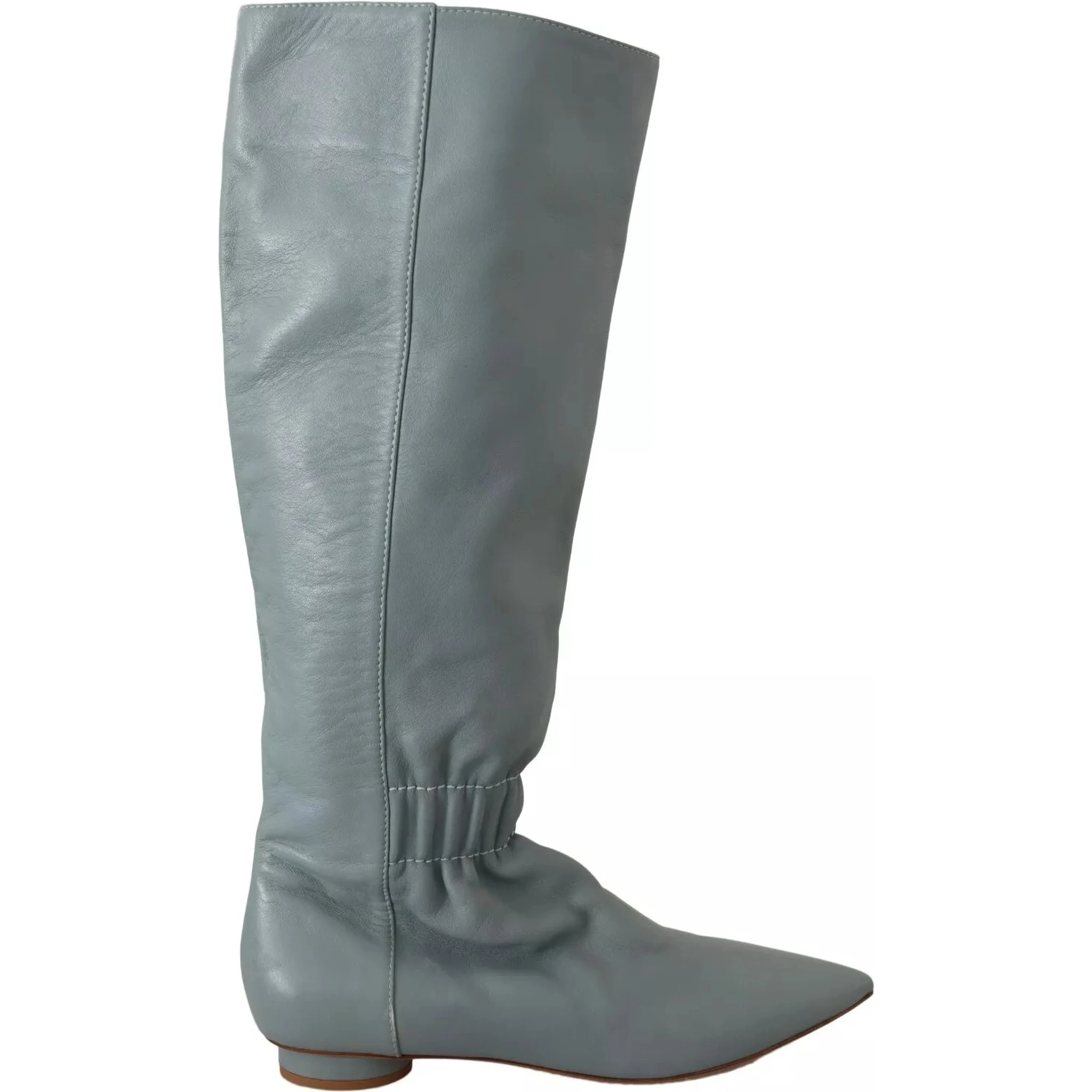 Blue Leather Elastic Flats Pull On Knee High Boots Shoes