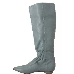 Blue Leather Elastic Flats Pull On Knee High Boots Shoes