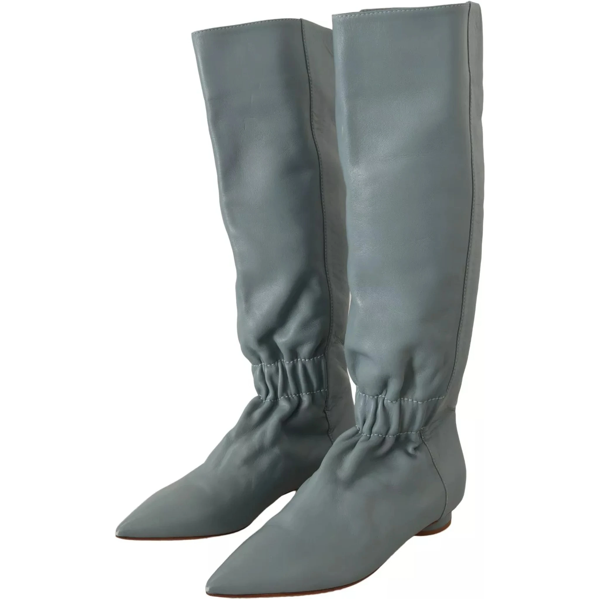 Blue Leather Elastic Flats Pull On Knee High Boots Shoes