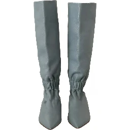 Blue Leather Elastic Flats Pull On Knee High Boots Shoes