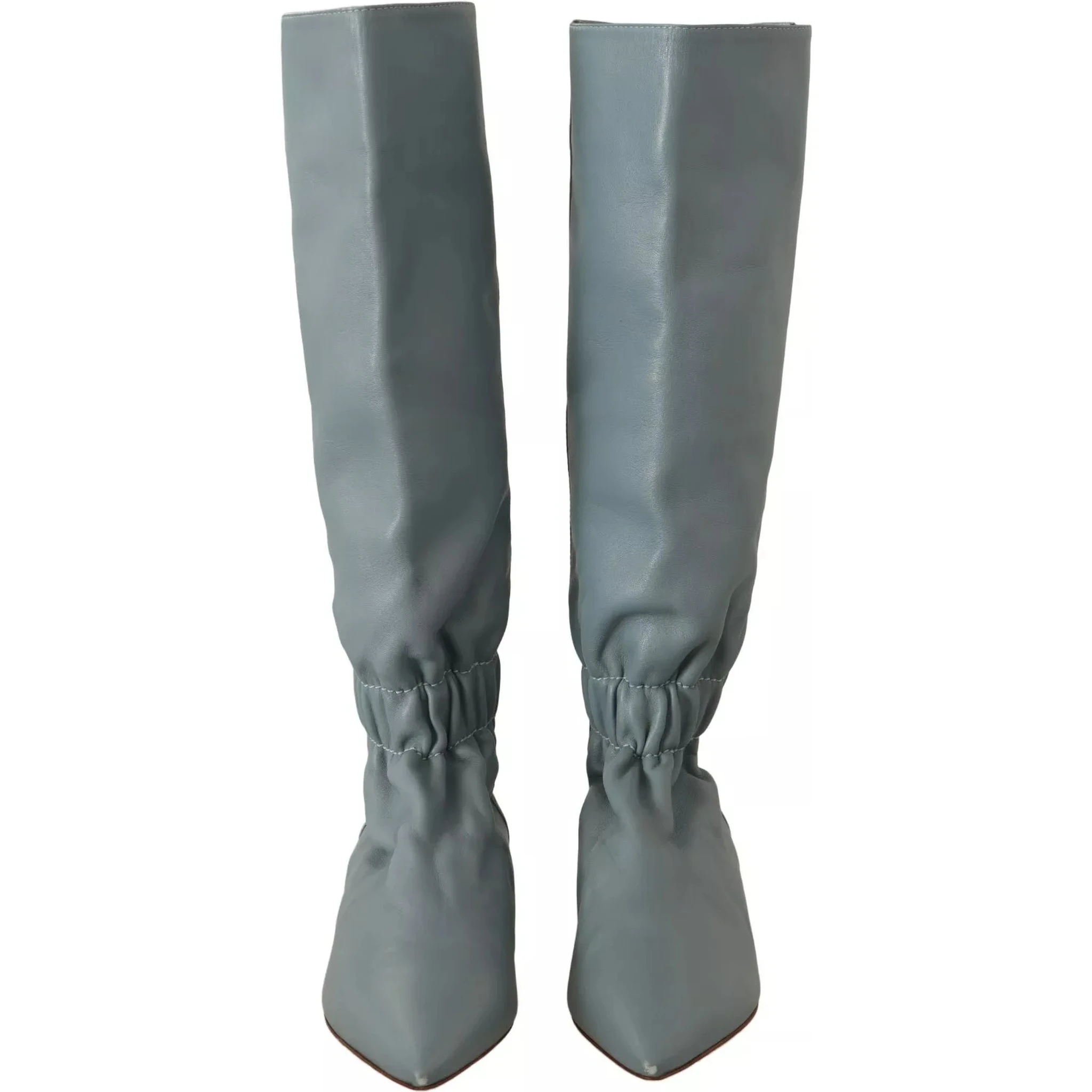 Blue Leather Elastic Flats Pull On Knee High Boots Shoes