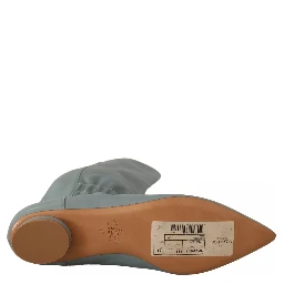 Blue Leather Elastic Flats Pull On Knee High Boots Shoes