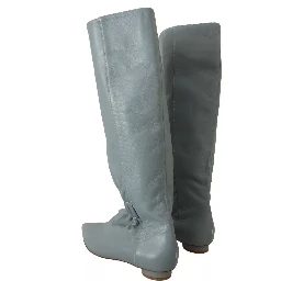 Blue Leather Elastic Flats Pull On Knee High Boots Shoes