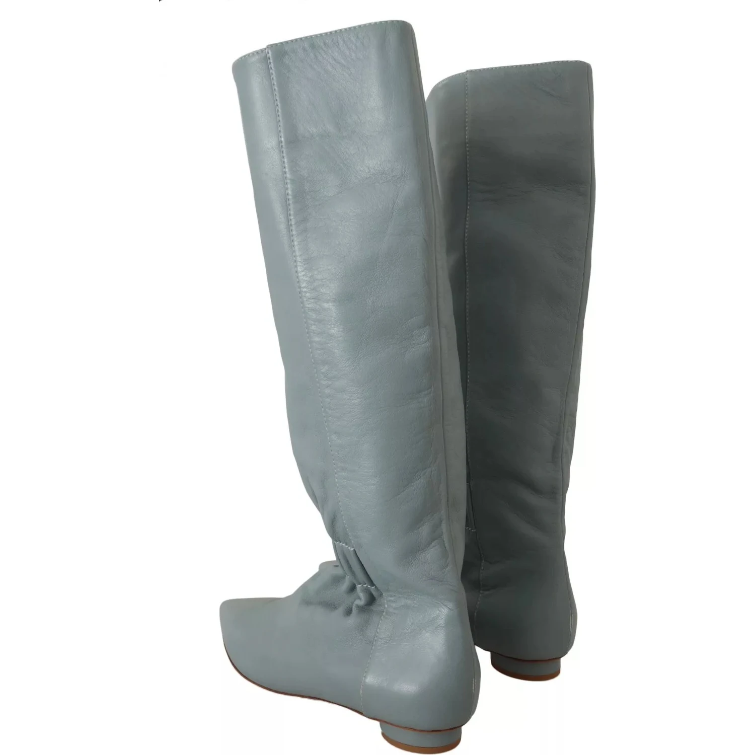 Blue Leather Elastic Flats Pull On Knee High Boots Shoes