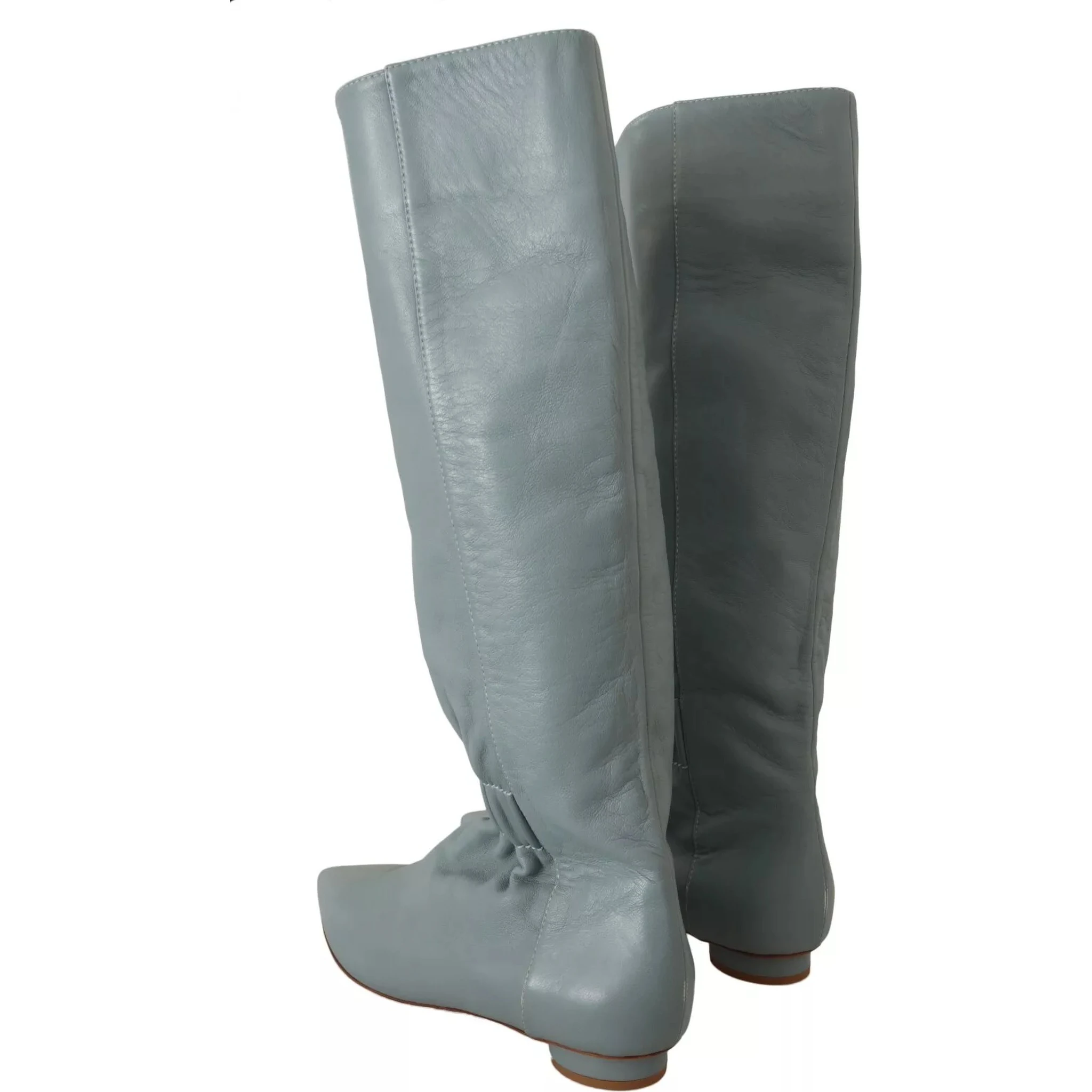 Blue Leather Elastic Flats Pull On Knee High Boots Shoes