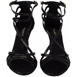 Black Leather Stiletto Heels Sandals Shoes