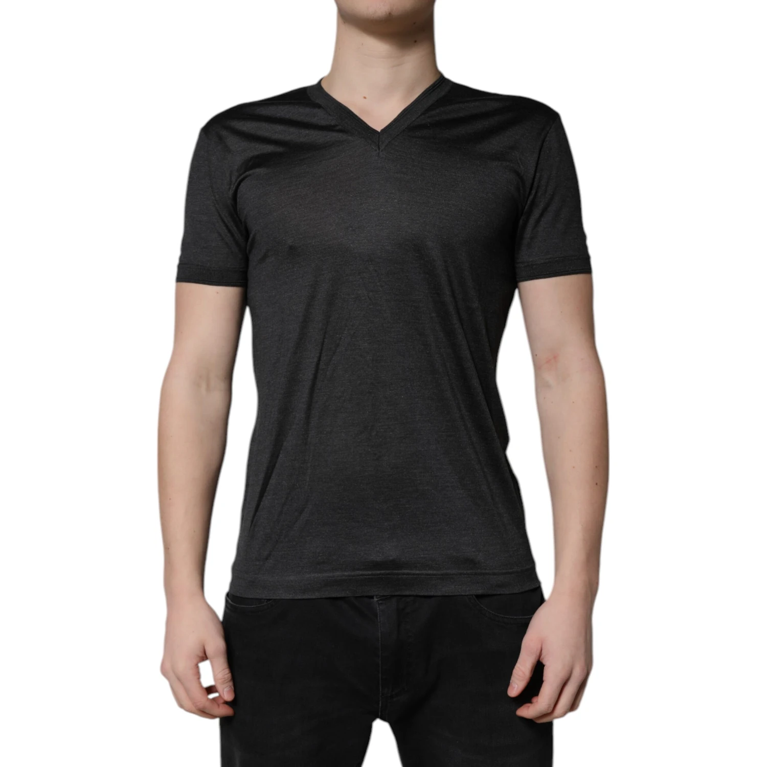 Dark Gray Silk V-neck Short Sleeves T-shirt