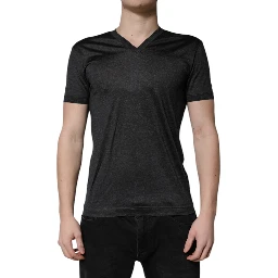 Dark Gray Silk V-neck Short Sleeves T-shirt