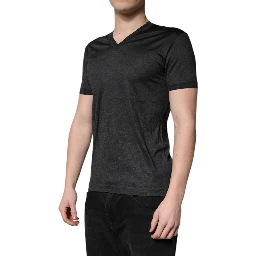 Dark Gray Silk V-neck Short Sleeves T-shirt