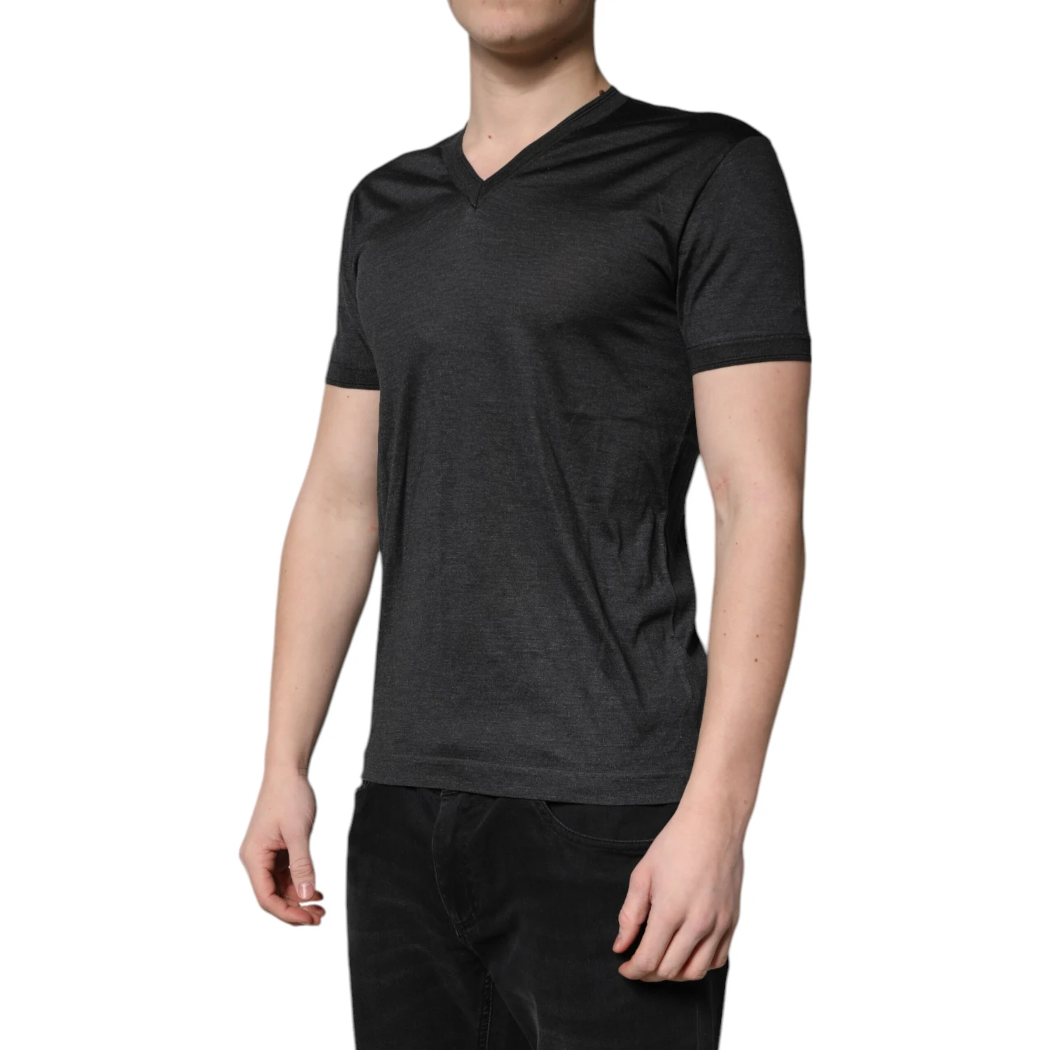 Dark Gray Silk V-neck Short Sleeves T-shirt