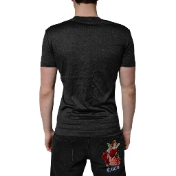 Dark Gray Silk V-neck Short Sleeves T-shirt