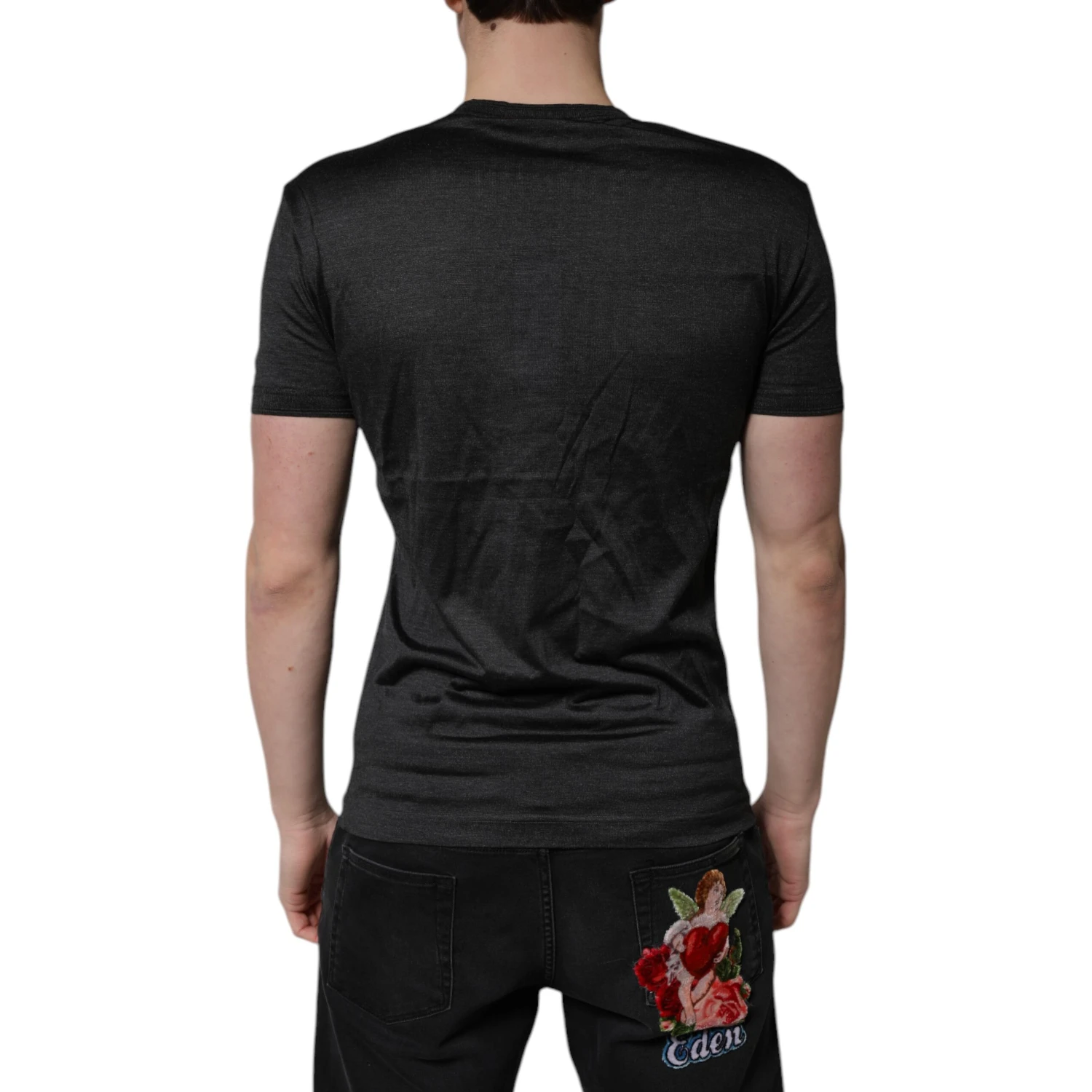 Dark Gray Silk V-neck Short Sleeves T-shirt